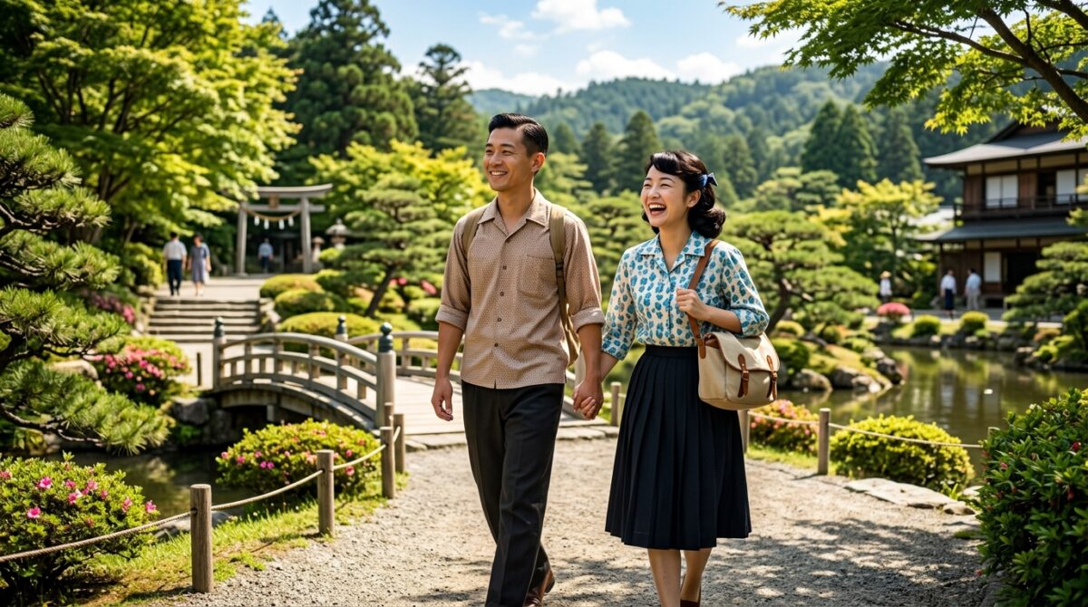 美しい日本庭園を仲良く手をつないで歩き新しい旅暮らしをスタートする50代夫婦