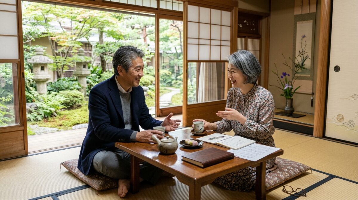 和室でお茶を飲みながら落ち着いてリゾートバイトの生活設計を話し合う50代夫婦