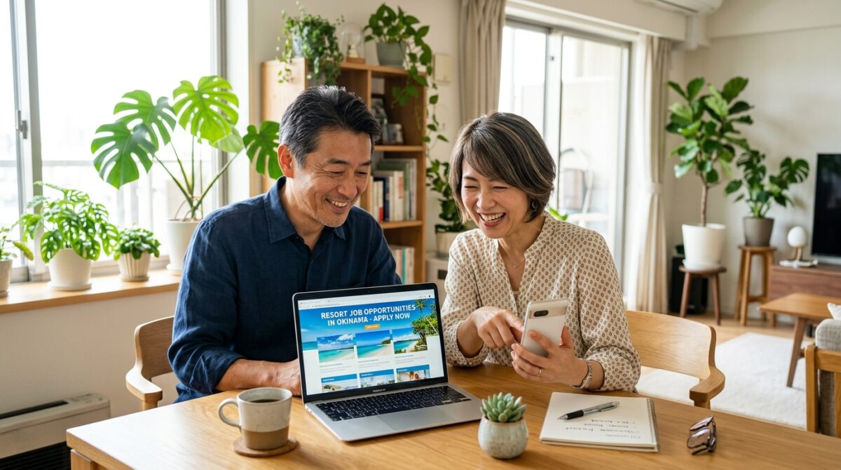明るい部屋でパソコンとスマホを見ながら楽しそうにリゾートバイト求人を検索する50代夫婦