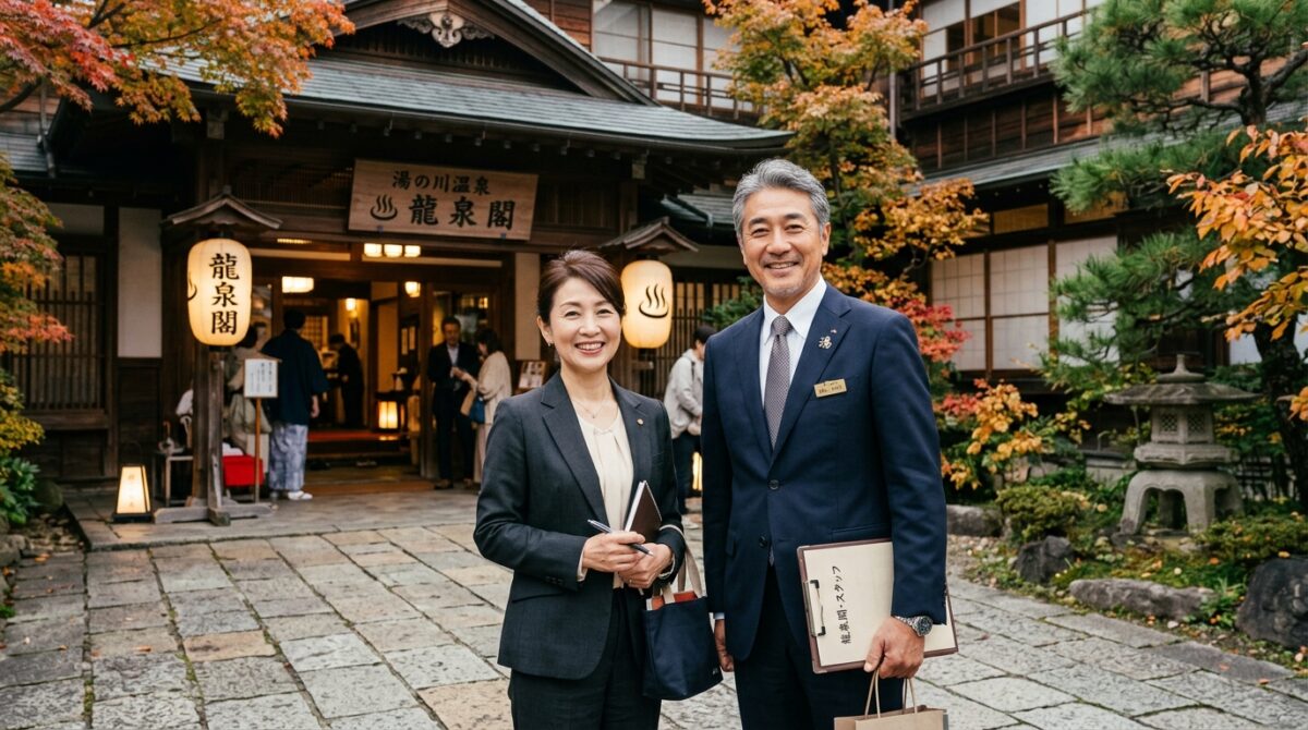 伝統的な温泉旅館の玄関前で笑顔で迎える50代スタッフ夫婦