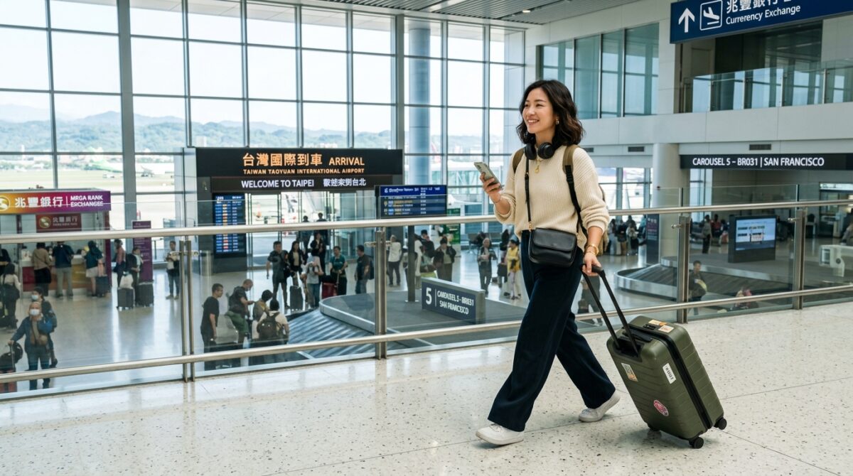 台北やソウルの空港到着ロビーをスムーズに歩きながらスマホで連絡を取る旅行者