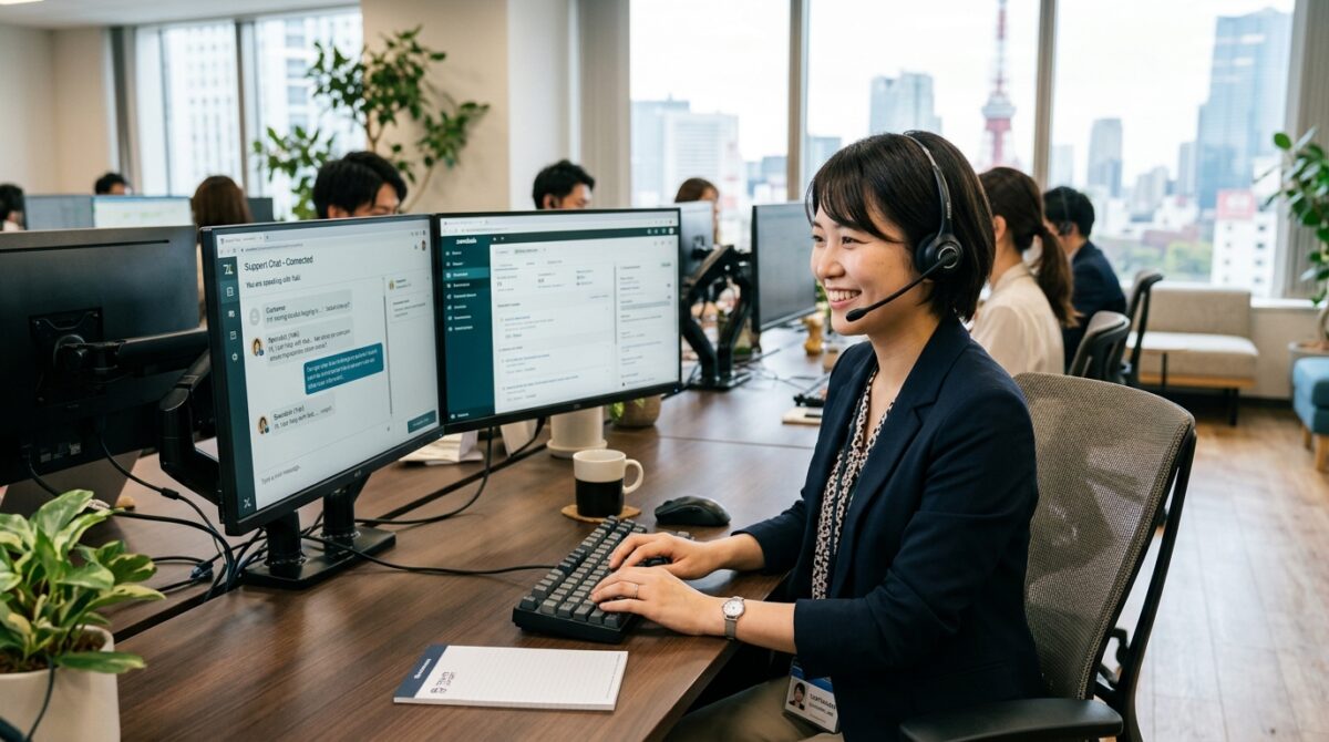 東京のオフィスから24時間体制で親身に日本語チャットサポートを行うオペレーターのイメージ