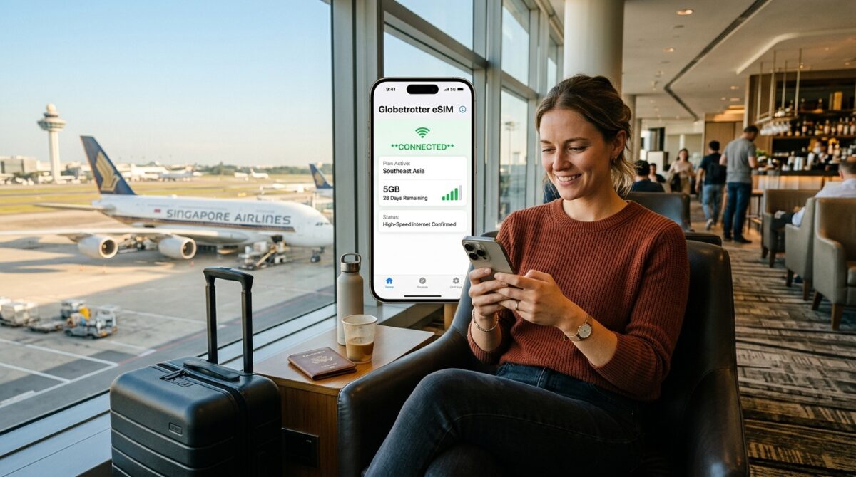 空港ラウンジでトリファのeSIMアプリを使ってワンタップ開通させる旅行者のイメージ