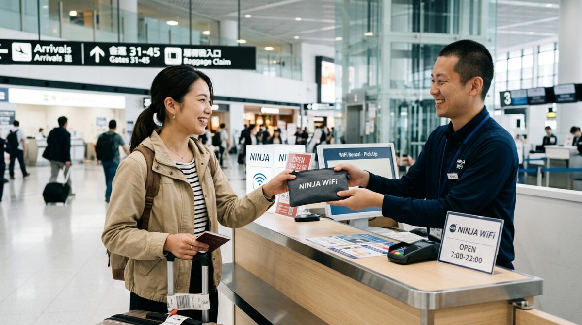 空港のWiFiレンタル専用カウンターでスタッフから機器ポーチを受け取る旅行者のイメージ