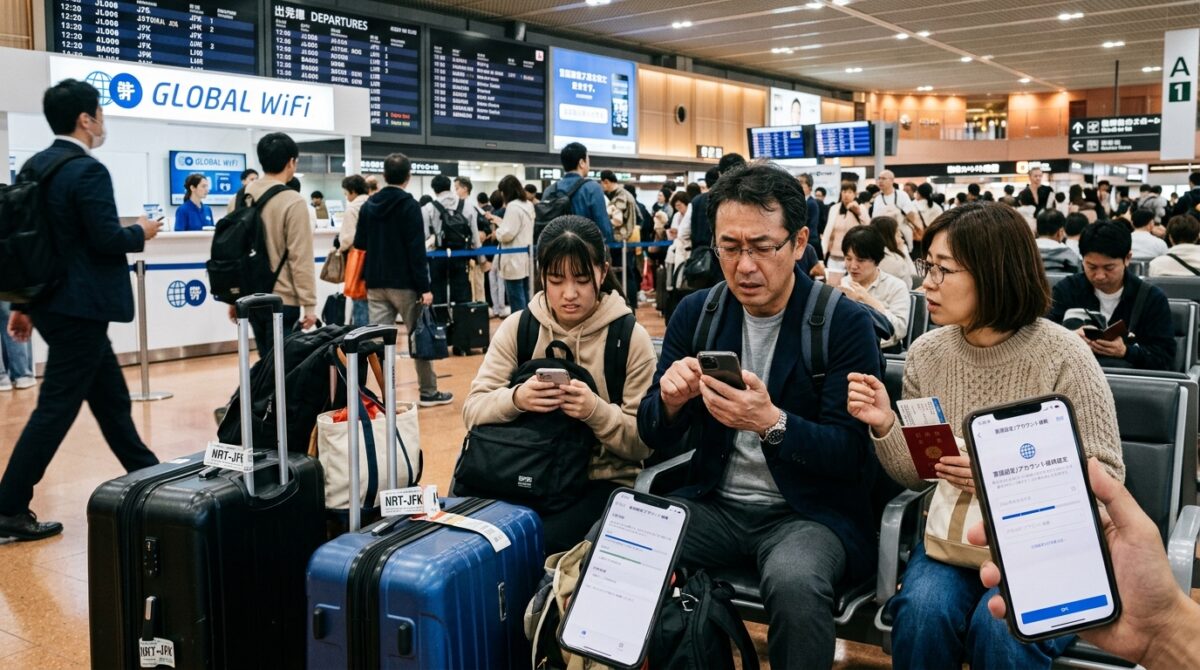 空港の出発ロビーで家族全員分のスマホ設定に焦り困惑する父親と家族の様子