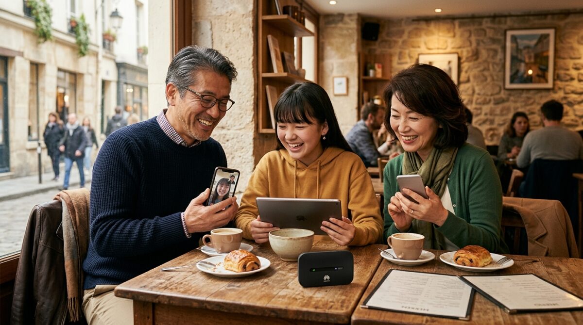 カフェのテーブルに置いたポケットWiFiルーターで家族全員が笑顔でネットを楽しむイメージ