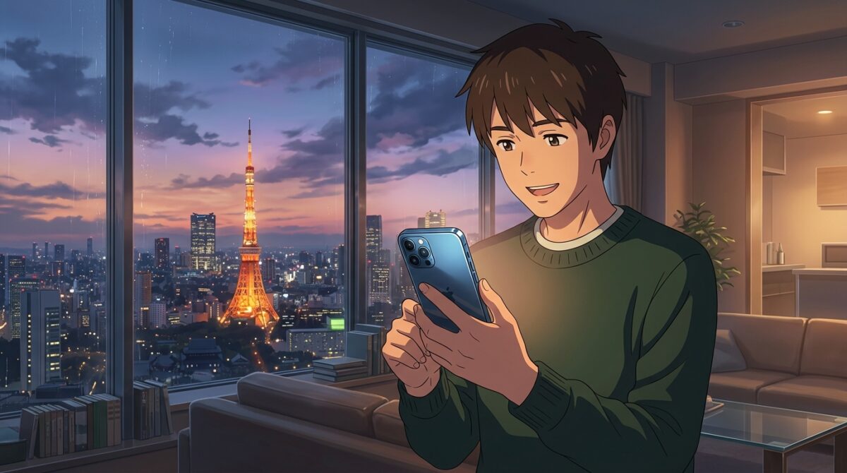 スマホに届いたエポスゴールドのインビテーション招待通知を喜ぶ男性のイメージ